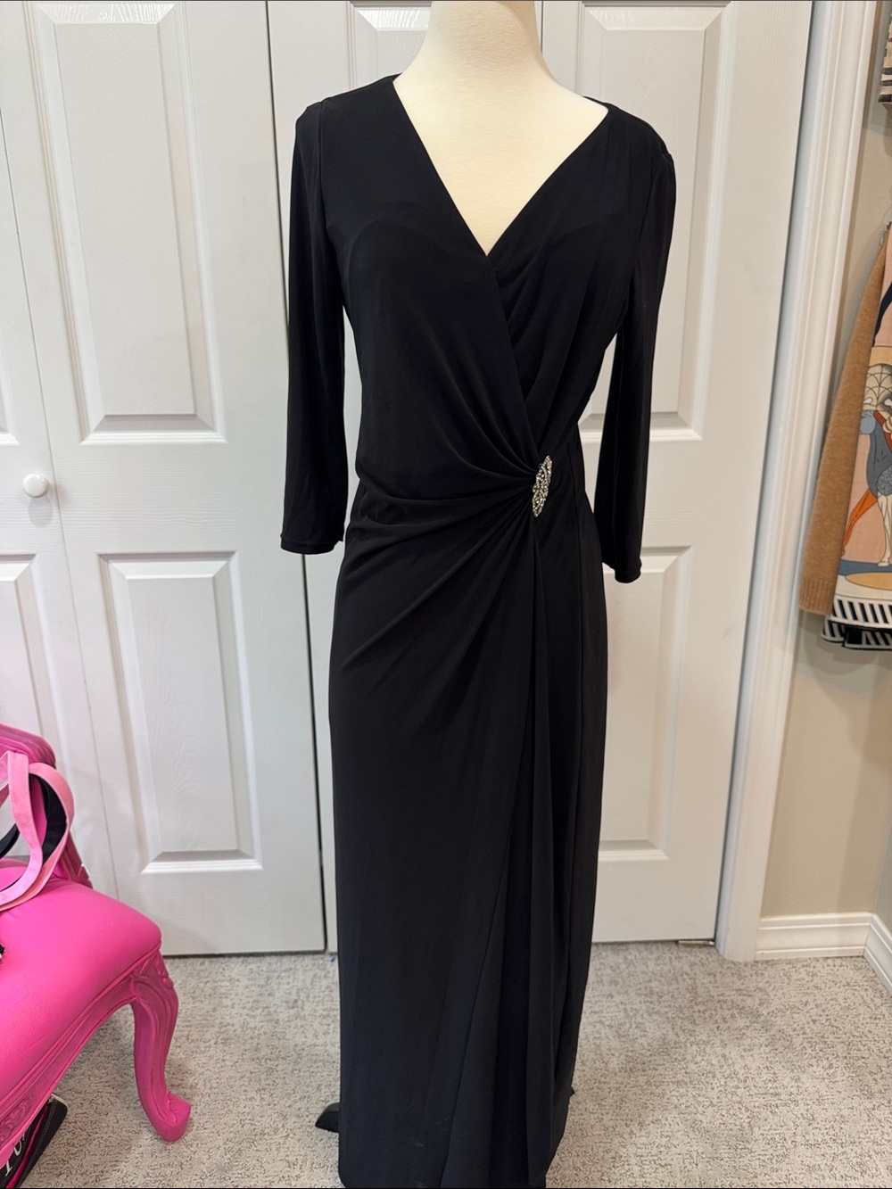Ralph Lauren Black V-Neck Wrap Maxi Dress with Jewel Brooch